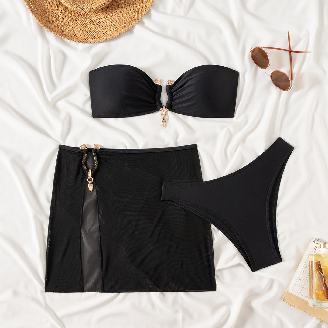 Damen Bandeau-Bikini Set mit eleganter Rock-Overlay Drune
