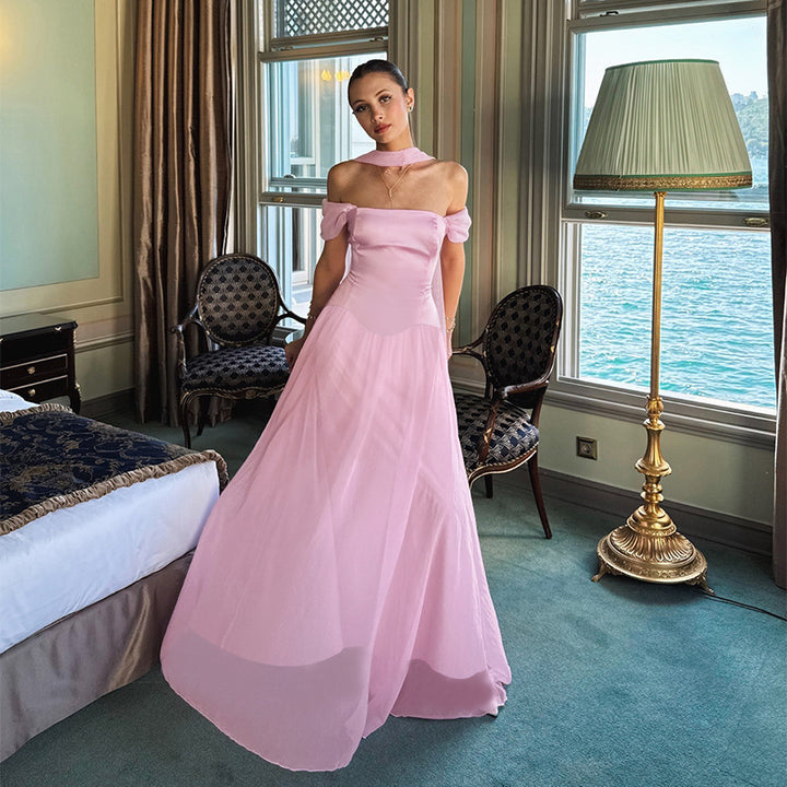 Damen Abendkleid mit schulterfreiem Design und eleganten Rüschen akzenten Drune