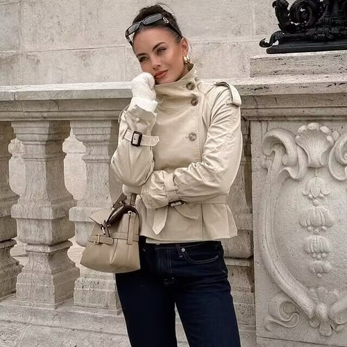 Damen Modischer Trenchcoat mit asymmetrischer Knopfleiste und Taillengürtel Drune