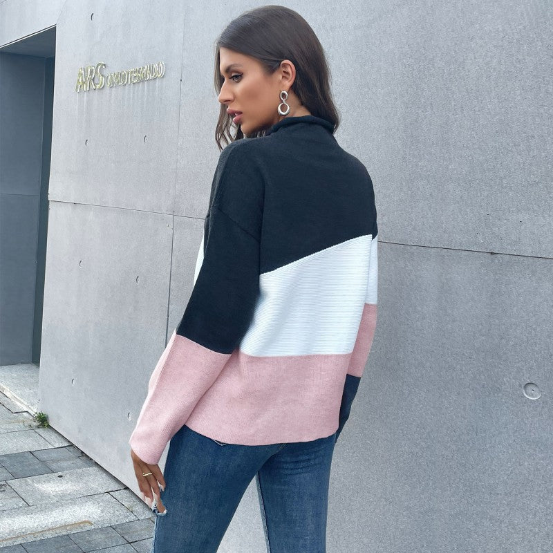Damen Strickpullover mit modernem Farbblock-Design und hohem Kragen Drune