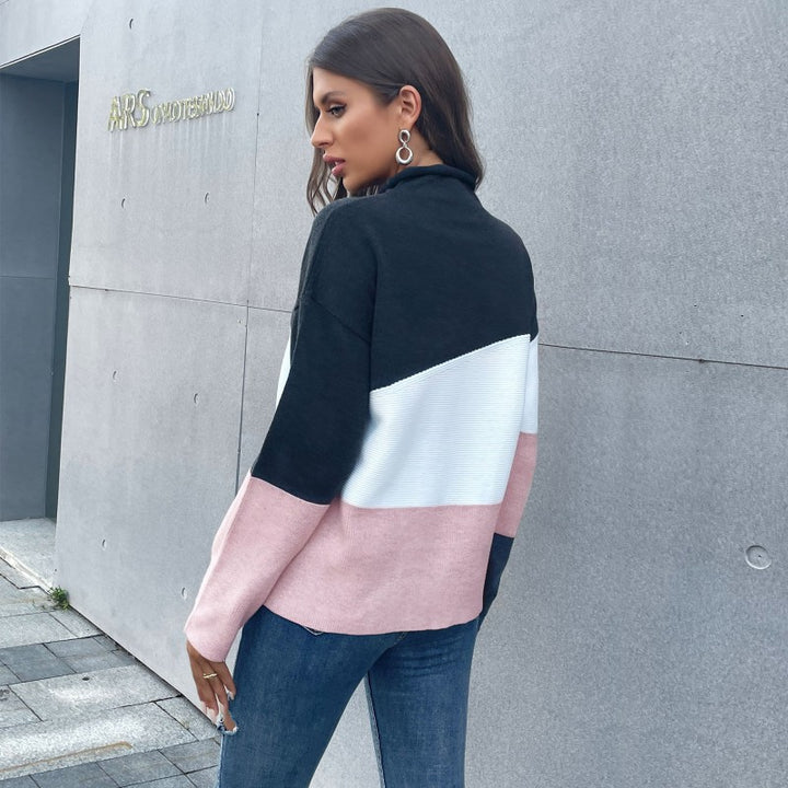 Damen Strickpullover mit modernem Farbblock-Design und hohem Kragen Drune