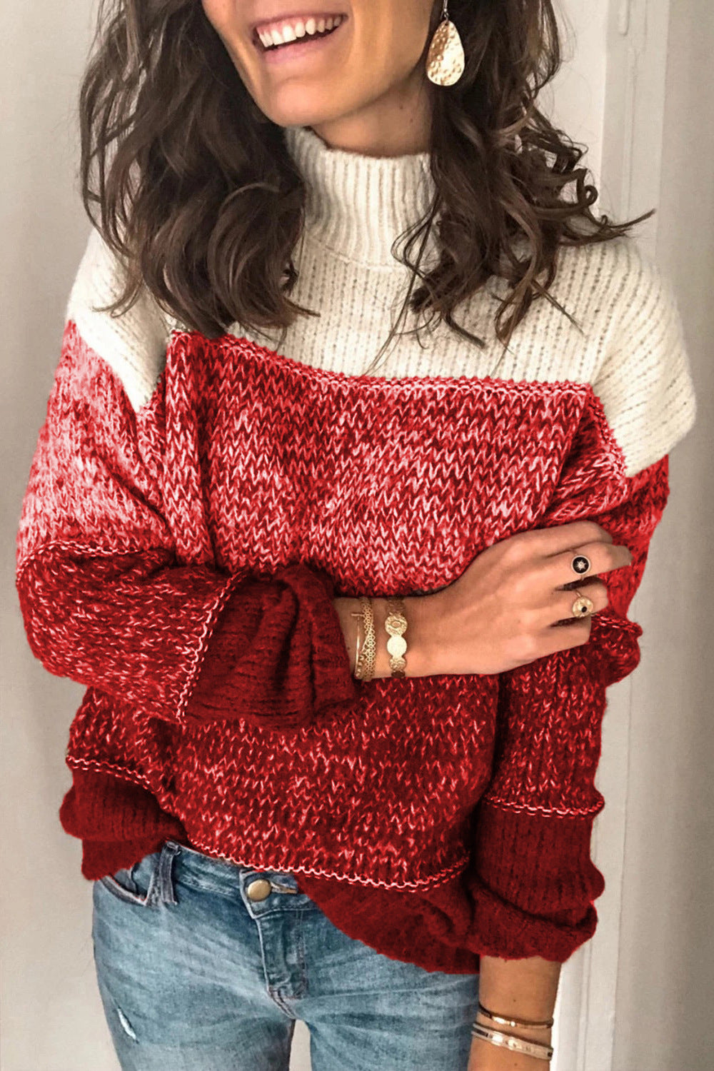 Damen Pullover im modernen Strukturdesign mit hohem Kragen Drune