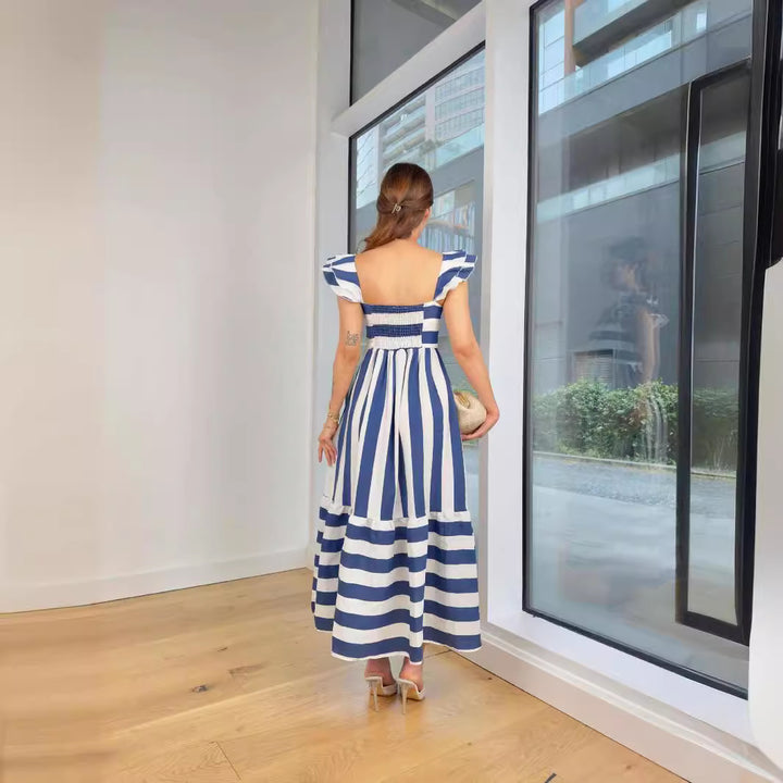 Damen Maxi-Kleid mit verspieltem Streifenmuster und Rüschendetails Drune
