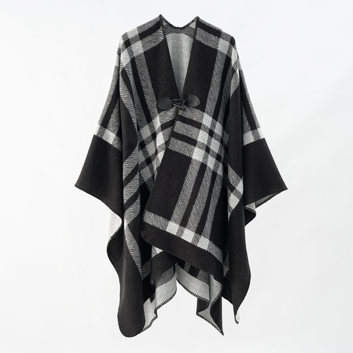 Damen Luxuriöser Geometrischer Poncho aus weichem Material mit dezenter Knopfverzierung Drune