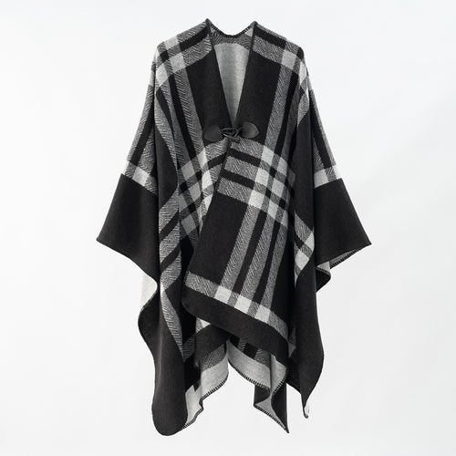 Damen Luxuriöser Geometrischer Poncho aus weichem Material mit dezenter Knopfverzierung Drune