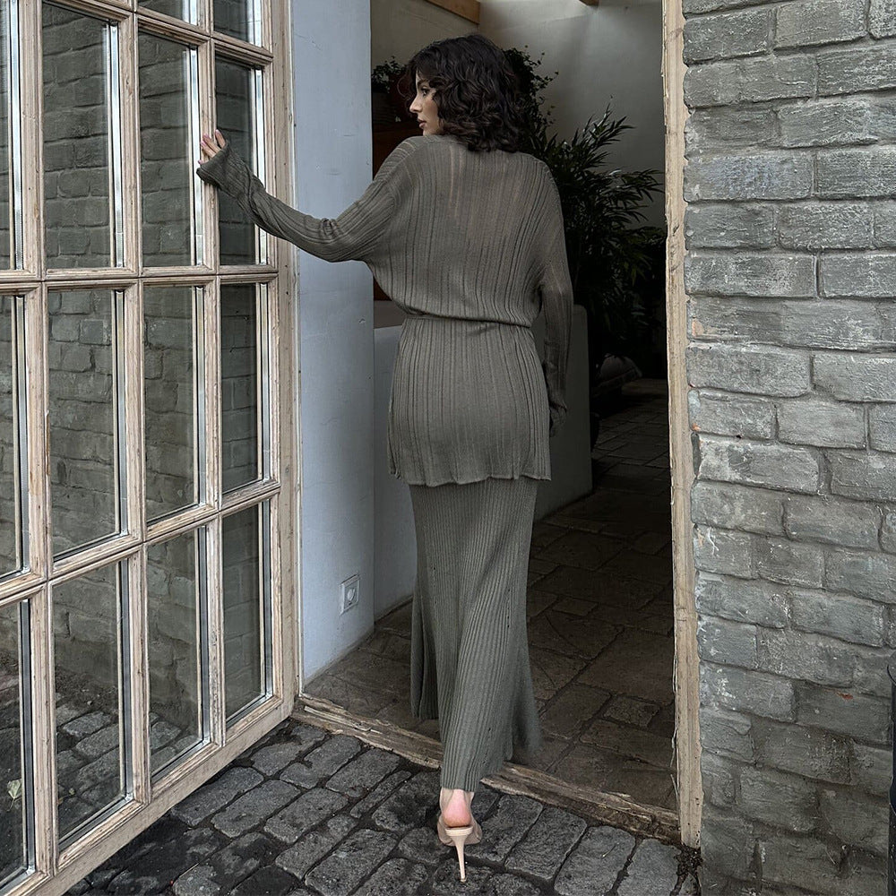 Damen Elegantes Strickensemble mit Überschlagjacke und langem Rock Drune