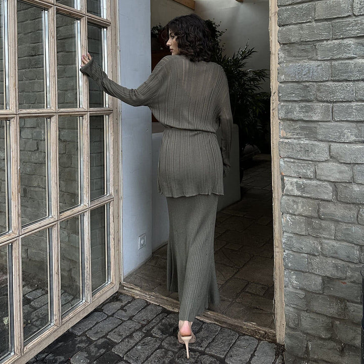 Damen Elegantes Strickensemble mit Überschlagjacke und langem Rock Drune