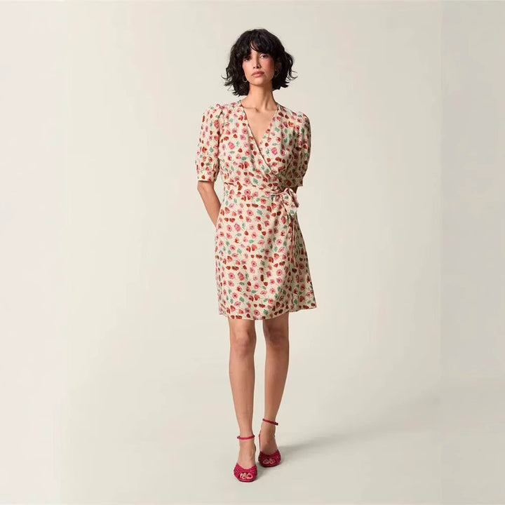 Damen Wickelkleid mit charmantem Blumenmuster und femininen Puffärmeln Drune