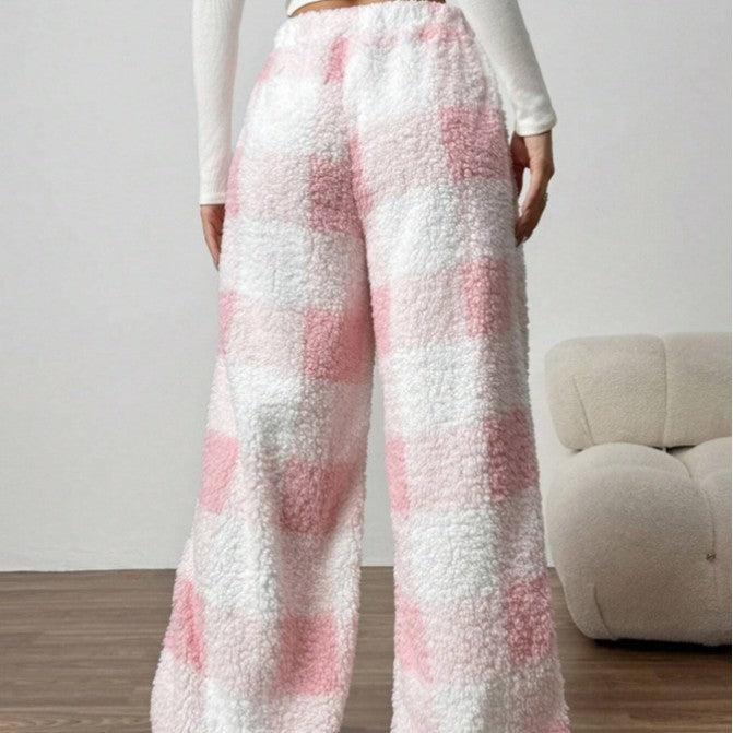 Damen nan kuschelige karierte Fleece-Hose mit Tunnelzugbund und weitem Bein Drune