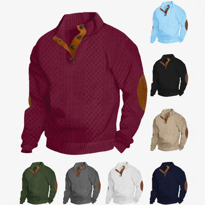 Herren nan Grobstrickpullover mit Stehkragen Lederbesatz und Ellenbogenauflagen Drune