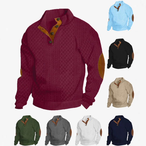 Herren nan Grobstrickpullover mit Stehkragen Lederbesatz und Ellenbogenauflagen Drune