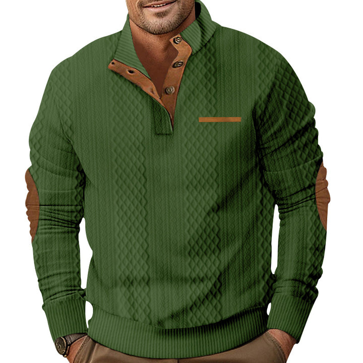 Herren nan strukturierter Strickpullover mit Stehkragen, Knopfleiste und Ellenbogenpatches Drune