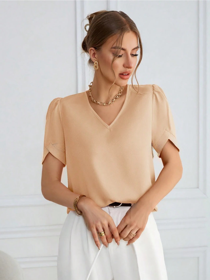Damen V-Ausschnitt Bluse mit Puffärmeln Drune