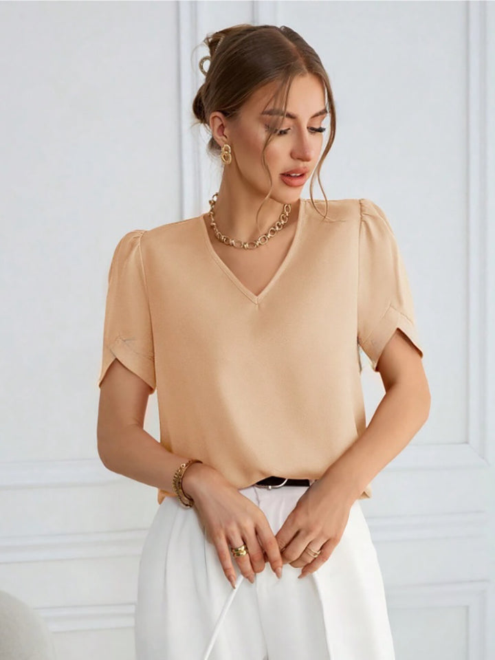 Damen V-Ausschnitt Bluse mit Puffärmeln Drune