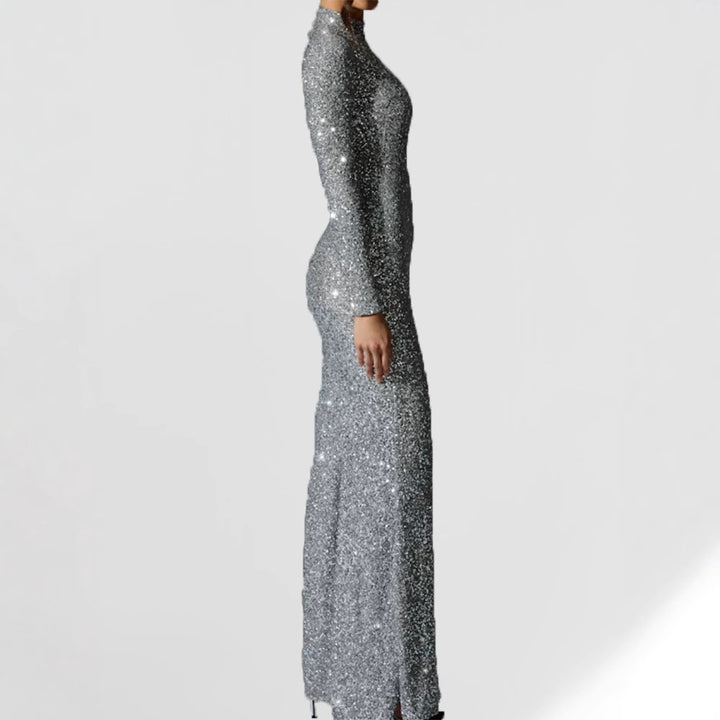 Damen Glamouröses Abendkleid mit langem Arm und schimmerndem Schlitz Drune