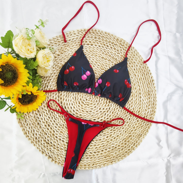 Damen Triangel-Bikini-Set mit fröhlichem Kirschmuster und verstellbaren Trägern Drune