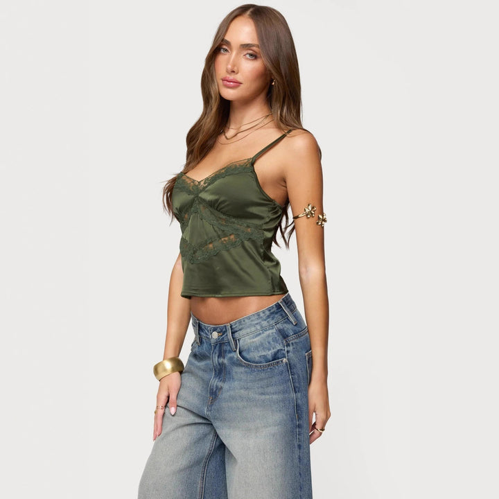 Damen Elegantes Satin-Cami-Top mit Spitzenverzierungen Drune