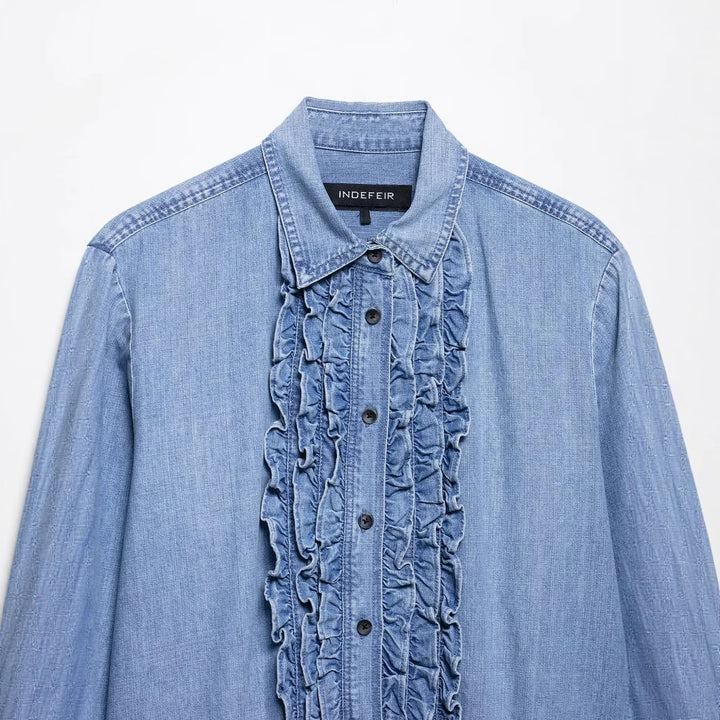 Damen nan Chambray-Bluse mit Rüschenknopfleiste, Hemdkragen und verlängertem Saum Drune
