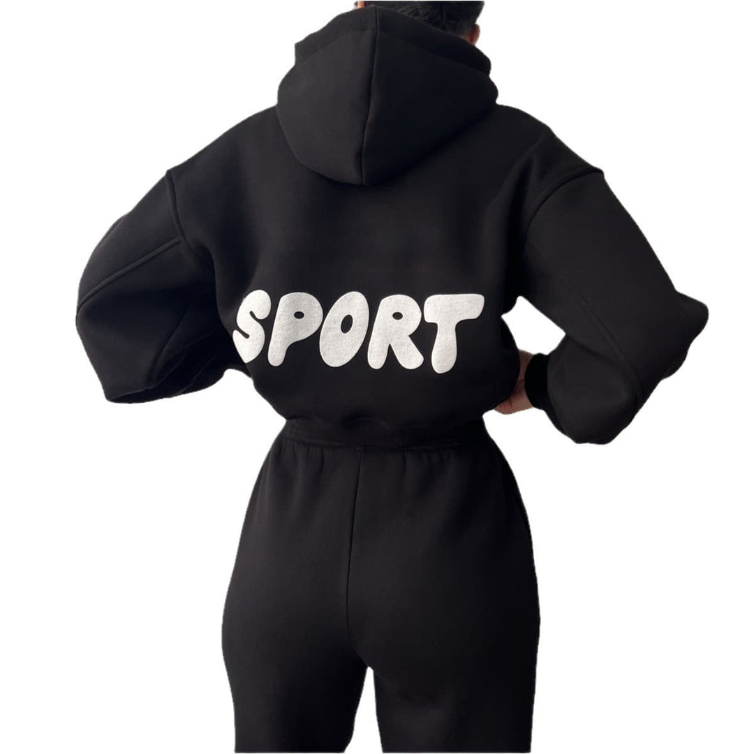 Damen modisches sportliches Set mit cropped Hoodie und weiten Jogginghosen Drune