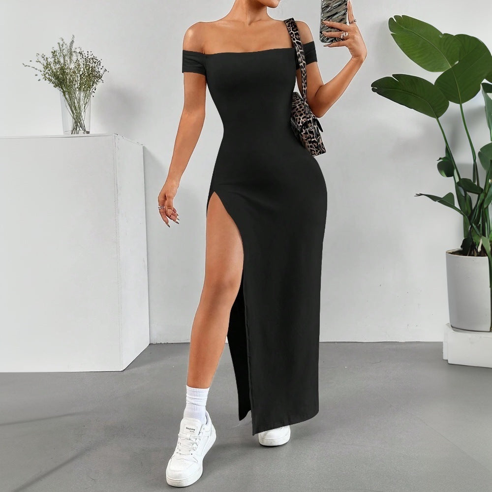 Damen Maxikleid mit schulterfreiem Schnitt und hohem Schlitz Drune