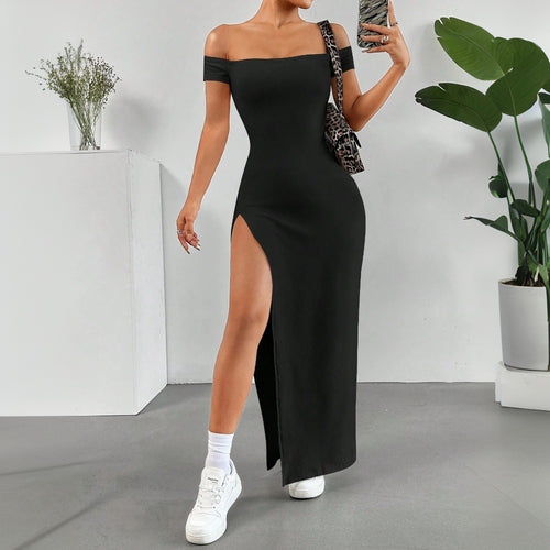 Damen Maxikleid mit schulterfreiem Schnitt und hohem Schlitz Drune