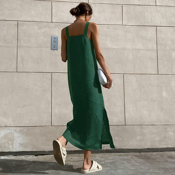 Damen Maxikleid aus hochwertigem Leinenstoff mit breiten Trägern und seitlichen Schlitzen Drune
