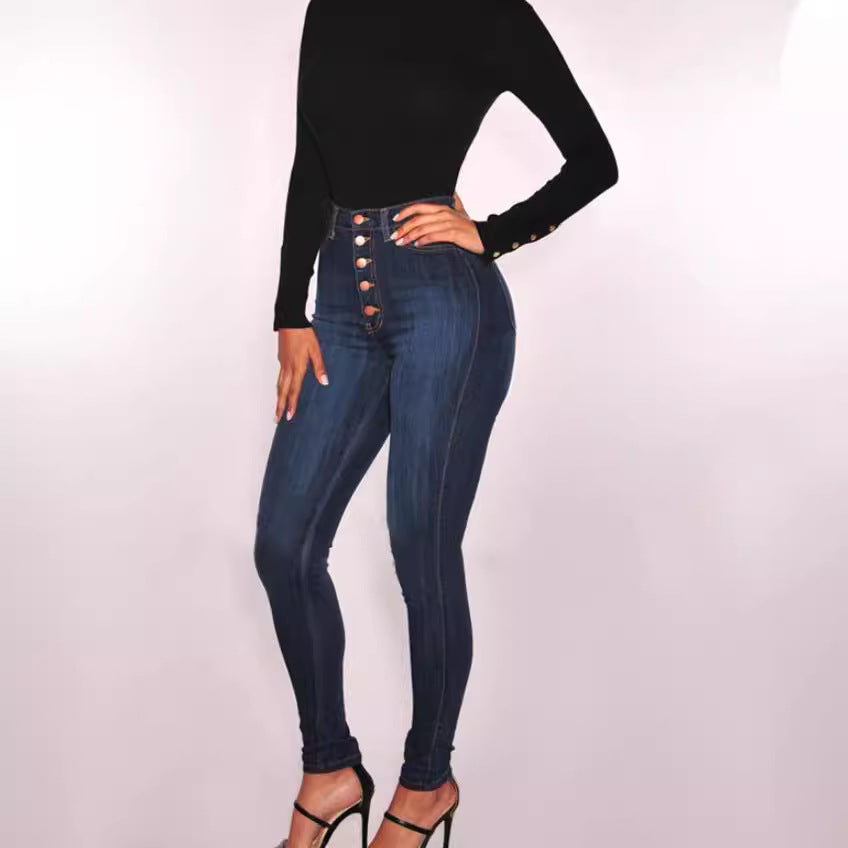 Damen nan hochgeschnittene Skinny-Jeans mit sichtbarer Knopfleiste und figurformendem Stretch Drune