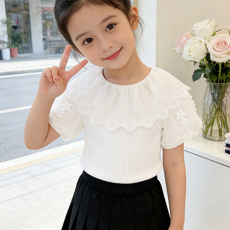 Mädchen modische Bluse mit voluminösem Tüllkragen und eleganten Details Drune