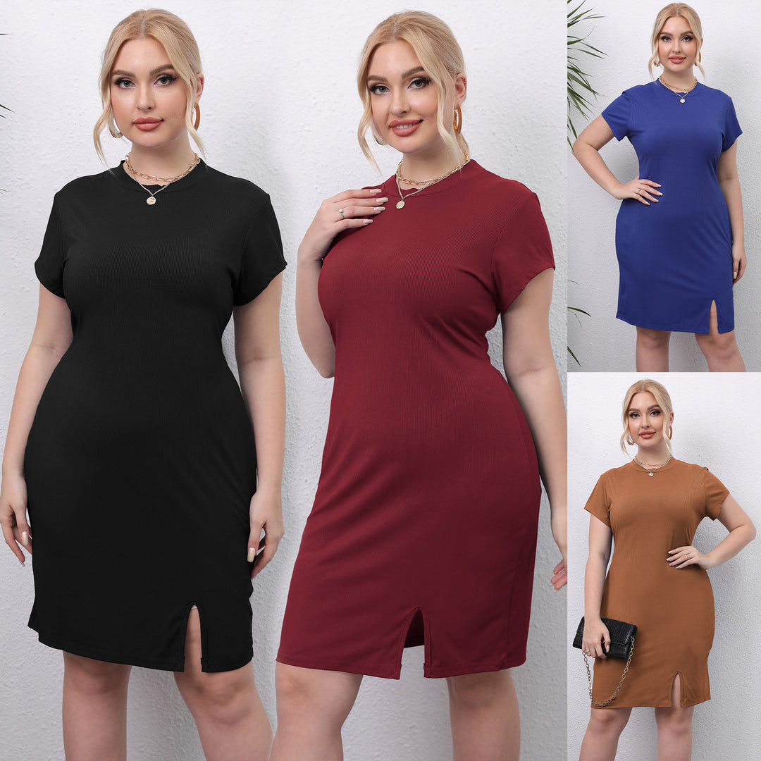Damen elegantes Kurzarm-Kleid mit seitlichem Schlitz Drune