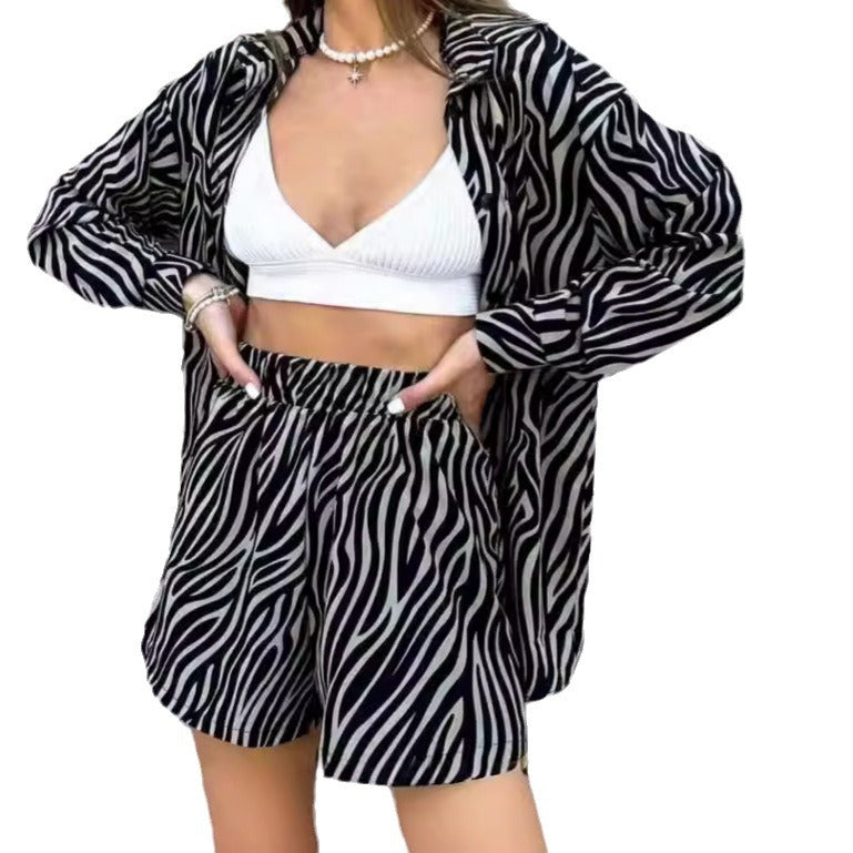 Damen elegante Kurzarmbluse mit Zebra-Print Drune