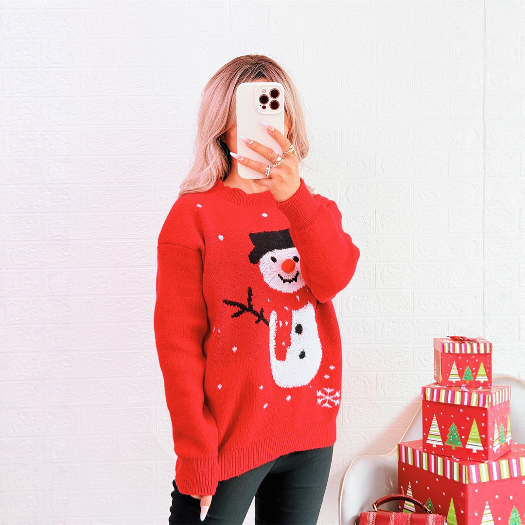 Damen Weihnachts-Pullover mit festlichem Schneemann-Motiv und gemütlichem Schnitt Drune