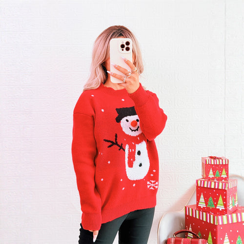 Damen Weihnachts-Pullover mit festlichem Schneemann-Motiv und gemütlichem Schnitt Drune