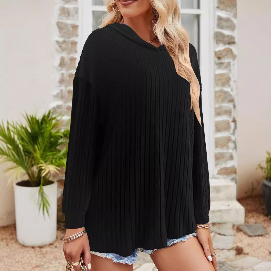Damen lässiger Kapuzenpullover mit stilvollem Rippmuster und überschnittenen Ärmeln Drune