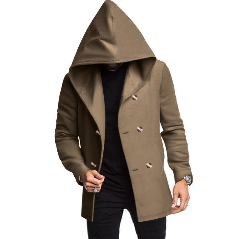 Herren modischer Mantel mit Kapuze und doppelter Knopfreihe Drune