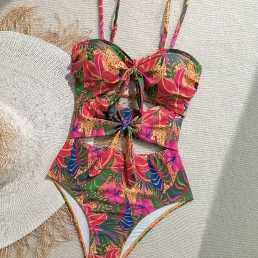 Damen Einteiler Badeanzug mit dekorativem Knotendetail und verspieltem Floraldesign Drune