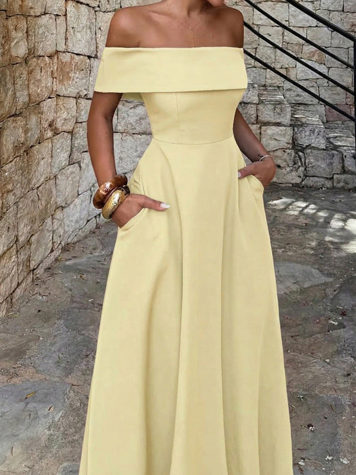 Damen Off-Shoulder Maxikleid mit Taschen und eleganter Silhouette Drune