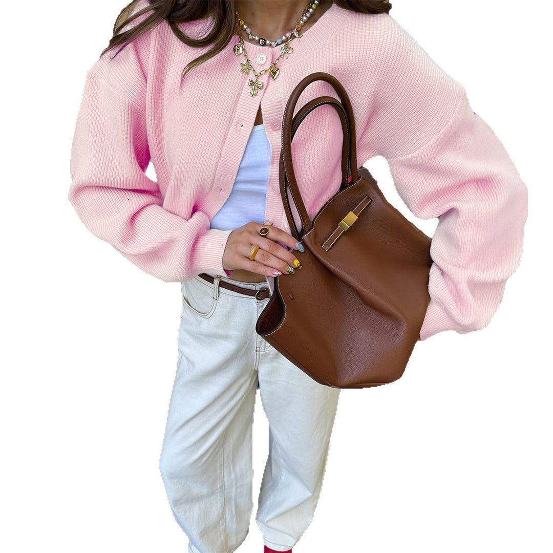 Damen nan kurzes Rippstrick-Cardigan mit Rundhalsausschnitt, ballonärmel und markanter Knopfleiste Drune