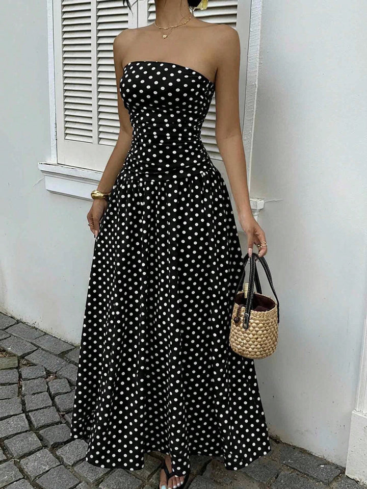 Damen Maxikleid mit trägerlosem Design und Punktmuster Drune