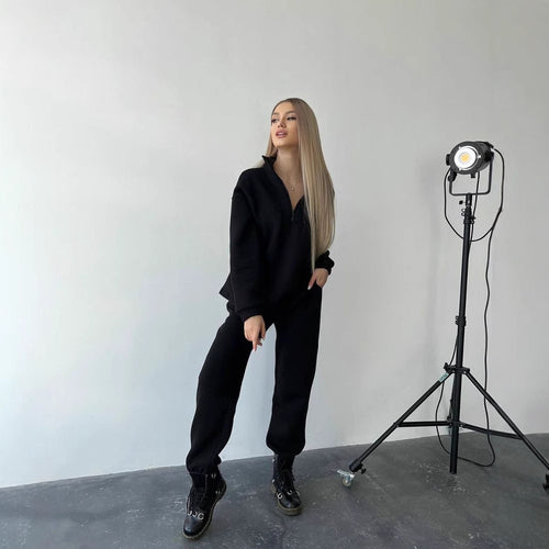 Damen Lockere Sweatshirt- und Jogginghosen-Kombination mit Reißverschluss Drune