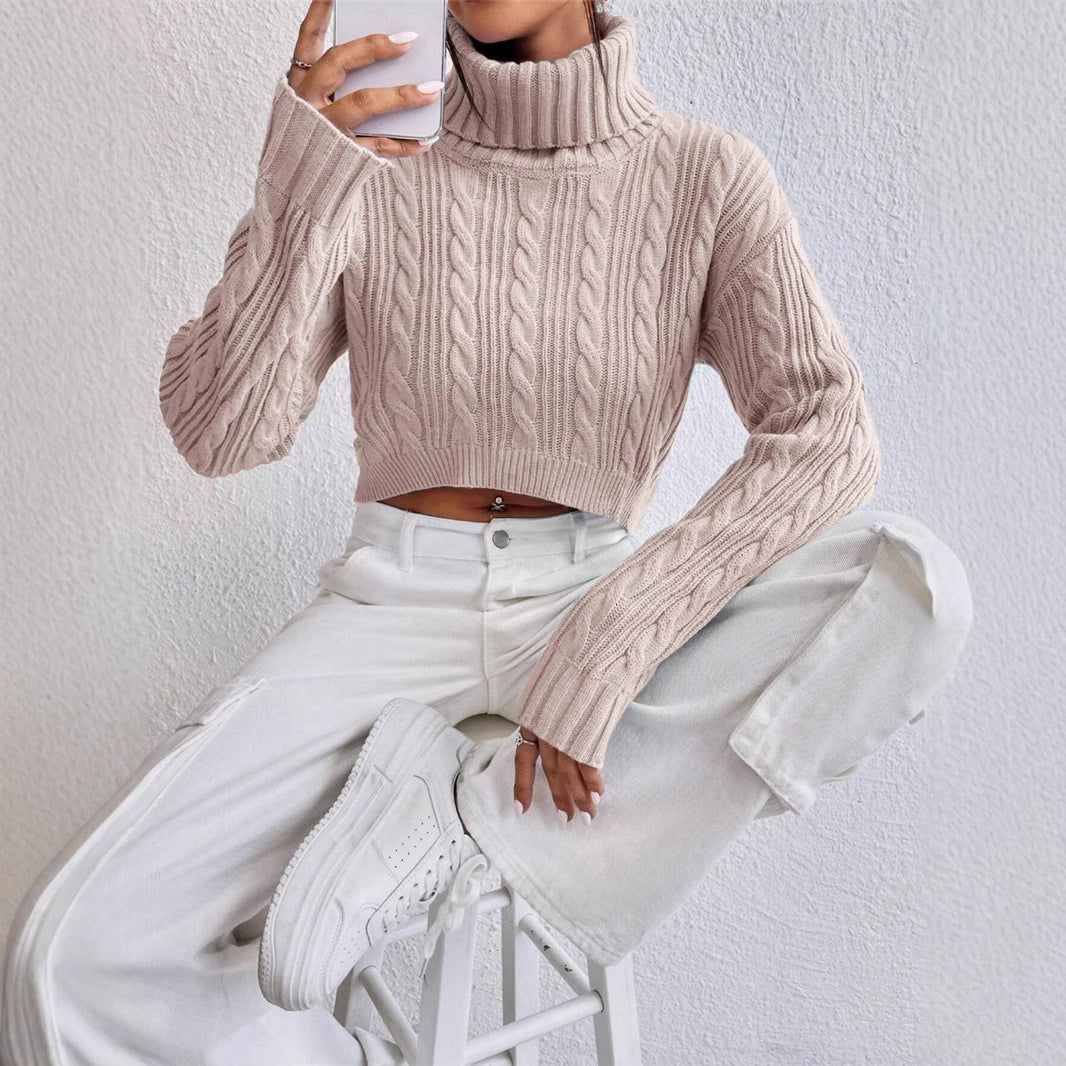 Damen Grobstrick Pullover mit hohem Kragen Drune