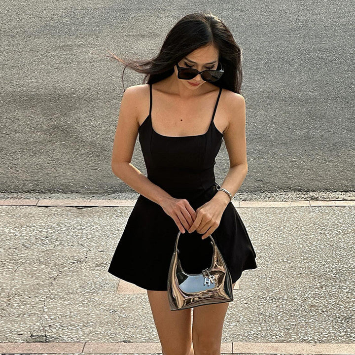 Damen tolles A-Linien Kleid mit Spaghettiträgern und schwingendem Rock Drune