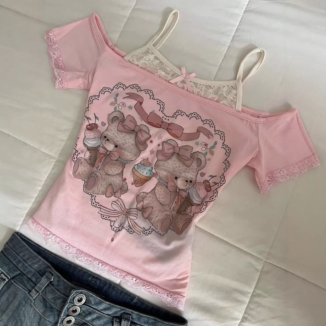 Damen Verspieltes T-Shirt mit Spitzenapplikationen und süßem Bärenmotiv Drune