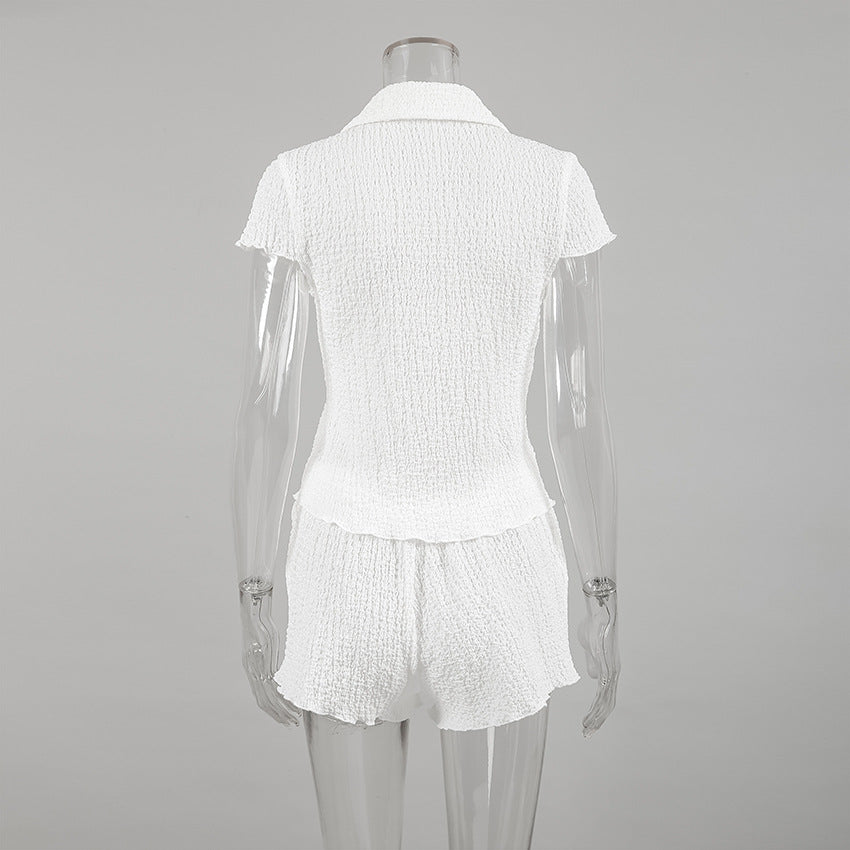 Damen Freizeit-Pyjama-Set mit strukturiertem Oberteil und Shorts Drune