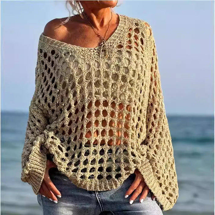 Damen Off-Shoulder Strickpullover mit luftiger Lochmaschenstruktur Drune
