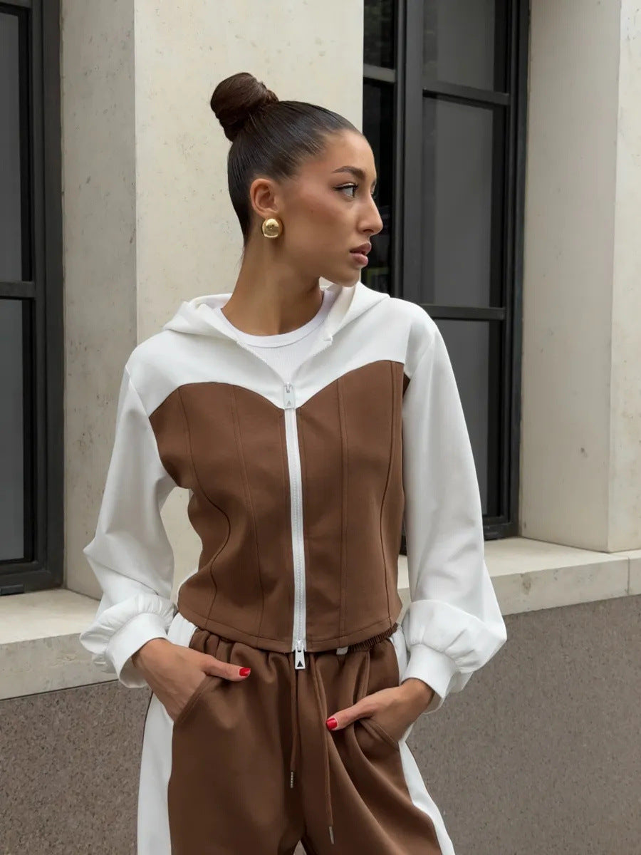 Damen modisches cropped Sweatjacke und weite Hose Set Drune