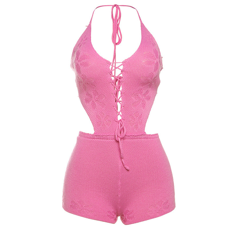 Damen Strickbadeanzug mit tiefem V-Ausschnitt und elegantem Lace-Up Design Drune