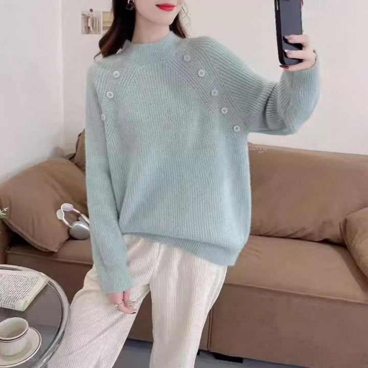 Damen Grobstrickpullover mit modernem Stehkragen und Knopfdetails Drune