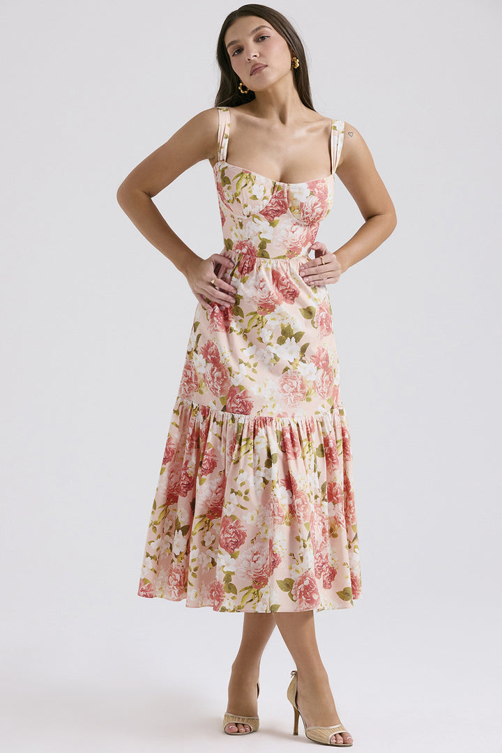 Damen Floral gemustertes Maxikleid mit tailliertem Oberteil und Volantrock Drune