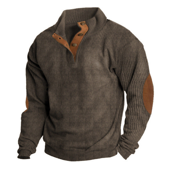 Herren nan strukturiertes Rugby-Pullover mit Stehkragen, Knopfleiste und Leder-Ellenbogenpatches Drune