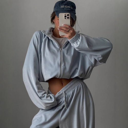 Damen sportlicher Fleece-Jogginganzug mit praktischen Taschen und hohem Kragen Drune